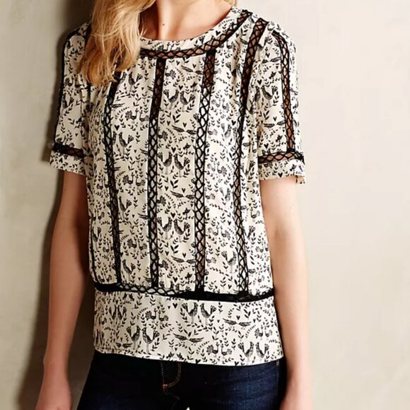 Anthropologie Meadow Rue Cream Black Faison Bird Print Short Sleeve Blouse Top - Picture 1 of 8